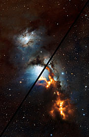 Het stof in de Orion-gordel uitgeplozen (mouseover-vergelijking)