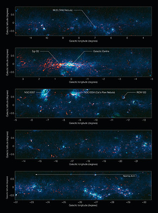 View of the Galactic Plane from the ATLASGAL survey (annotated and in five sections)