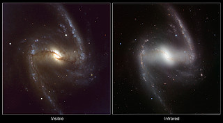 Comparación de imágenes de la galaxia NGC 1365 en luz visible e infrarroja