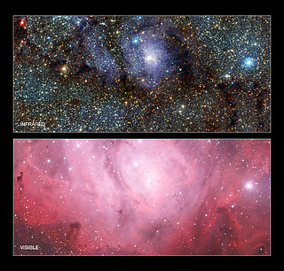 Infrared and visual images of the Lagoon nebula