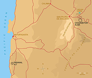 Geographical Map with VLT and ALMA Locations