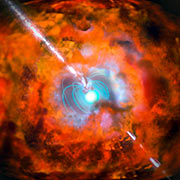Impressão artística de uma explosão de raios gama e de uma supernova originadas por uma estrela magnética