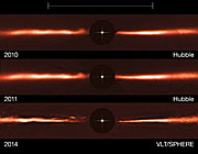 Afbeeldingen gemaakt met de VLT en Hubble van de schijf rond AU Microscopii