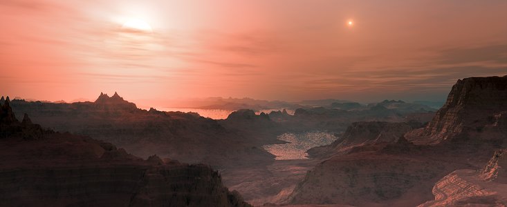 Artystyczna wizja zachodu słońca na superziemi Gliese 667 Cc