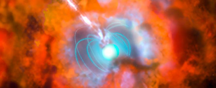 Impressão artística de uma explosão de raios gama e de uma supernova originadas por uma estrela magnética