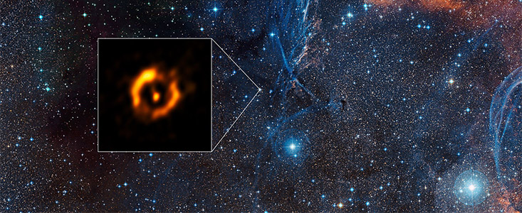 De stofring rond de oude dubbelster IRAS 08544-4431