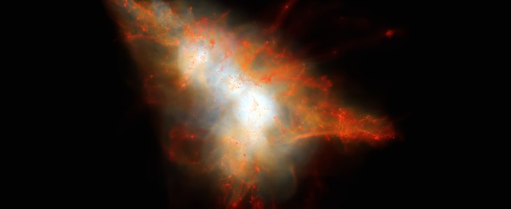 Simulation numérique d’un Globule Lyman-alpha Cette image offre un instantané d’une simulation cosmologique d’un Globule Lyman-alpha semblable à LAB-1. Cette simulation retrace l’évolution du gaz et de la matière noire prédite par l’un des derniers modèle