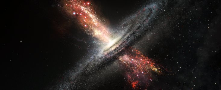 Illustration af, hvordan stjerner dannes i gasudstrømninger fra supertunge sorte huller