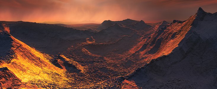 Künstlerische Darstellung der Oberfläche einer Supererde, die Barnards Stern umkreist