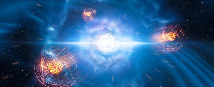 Representación artística del estroncio emergiendo de una fusión de estrellas de neutrones