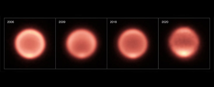 Snímky tepelného vyzařování planety Neptun pořízené mezi lety 2006 a 2020