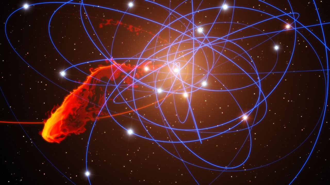 Simulation of gas cloud after close approach to the black hole at the centre of the Milky Way.