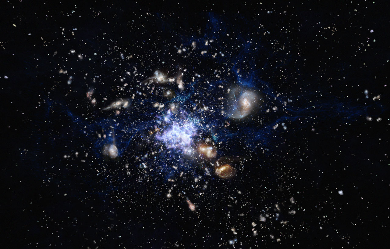 Esta impresión artística representa la formación de un cúmulo de galaxias en el universo temprano. Las galaxias están formando nuevas estrellas de forma muy activa e interactúan unas con otras. Esta escena se asemeja mucho a la Galaxia Telaraña (formalmente conocida como MRC 1138-262) y sus alrededores, uno de los protocúmulos que se ha estudiado con mayor detalle.