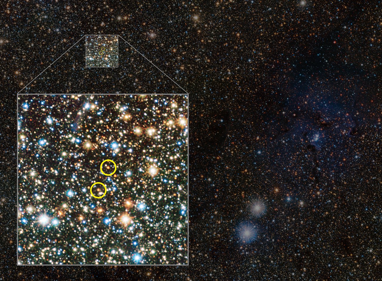 Este pequeño extracto del sondeo de las partes centrales de la Vía Láctea VVV de VISTA, nos muestra a la famosa nebulosa Trífida a la derecha del centro. Comparada con las conocidas imágenes obtenidas en el rango visible de la luz, esta imagen captada en el infrarrojo puede parecer débil y algo fantasmal. Esta transparencia tiene su interés: muchos objetos de fondo, previamente ocultos, ahora pueden verse claramente. Entre ellos se encuentran dos estrellas Cefeidas recientemente descubiertas, las primeras estrellas de este tipo encontradas al otro lado de la galaxia, cerca del plano central.