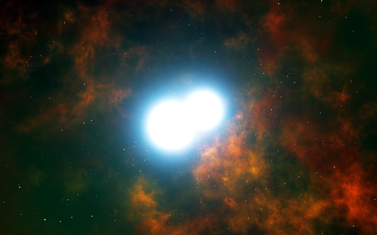 Esta ilustración muestra la parte central de la nebulosa planetaria Henize 2-428. El núcleo de este objeto único consta de dos estrellas enanas blancas, cada una con una masa un poco menor que la del Sol. Se espera que las dos estrellas vayan acercándose lentamente cada vez más y acaben fusionándose dentro de unos 700 millones de años. Este evento creará una deslumbrante supernova de tipo Ia y destruirá a las dos estrellas.