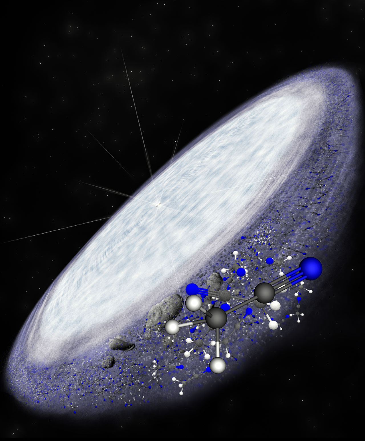 Ilustración del disco protoplanetario que rodea a la joven estrella MWC 480. ALMA ha detectado cianuro de metilo, una molécula orgánica compleja, en los confines del disco, en la región donde se cree que se forman los cometas. Esta sería una prueba más de que la química orgánica compleja, así como las condiciones iniciales necesarias para la vida, son universales.