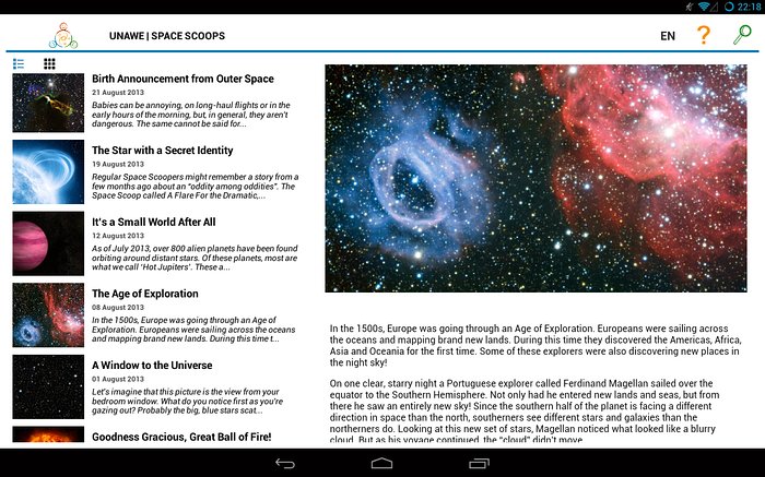 Screenshot of the Space Scoop Android app