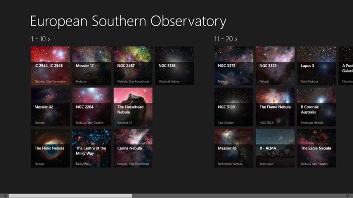Captura de ecrã da aplicação para Windows “European Southern Observatory” que mostra um apanhado das imagens apresentadas