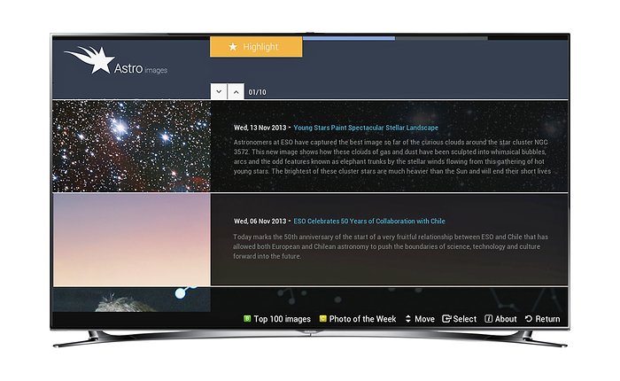 Pantalla de un televisor smart desplegando la Aplicación AstroImages