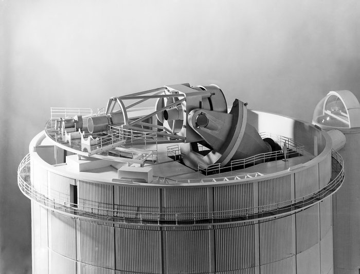 A lateral view of the ESO 3.6-metre telescope model