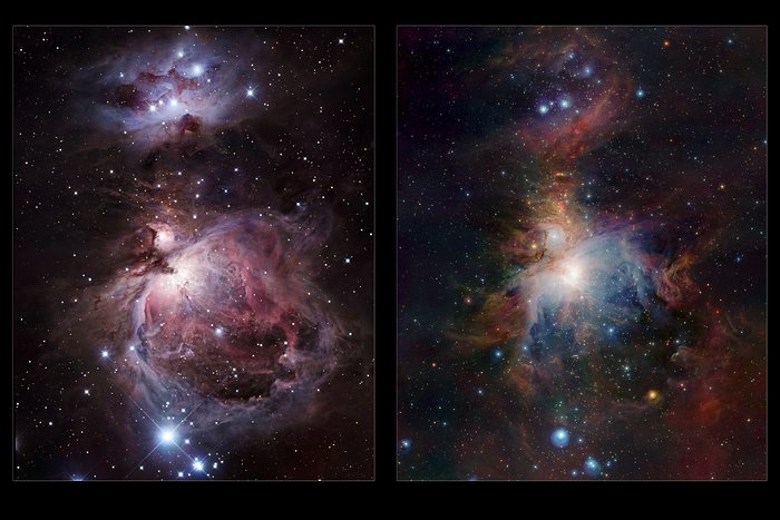 Comparación infrarroja/visible de la imagen completa de la Nebulosa Orión captada por VISTA
