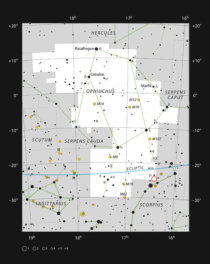 La constelación de Ofiuco, que muestra la región de formación de estrellas Rho Ophiuchi