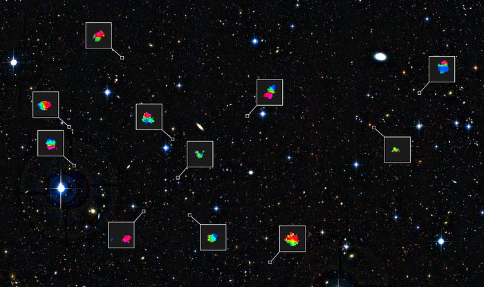 Teinigalakseja kaukaisessa maailmankaikkeudessa ja niiden kaasujen liikkeet