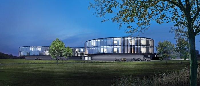 Arkitektens bild av utbyggnaden till ESO:s nya högkvarter (nattetid) 