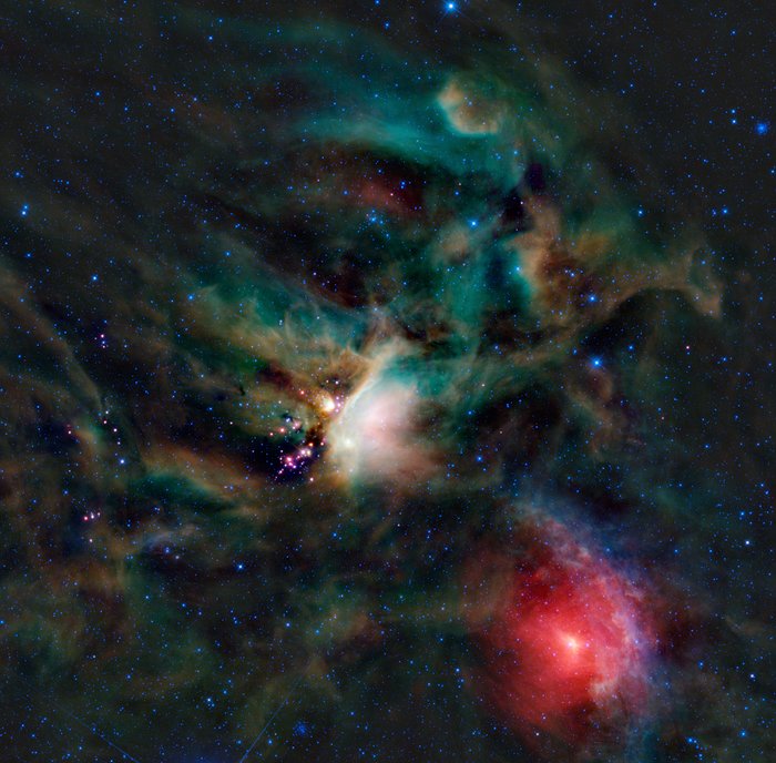 Infračervený pohled na oblast hvězdotvorby kolem hvězdy Rho Ophiuchi
