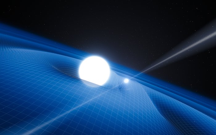 Taiteilijan näkemys pulsarista PSR J0348+0432 ja sen valkoinen kääpiö -kumppanista 