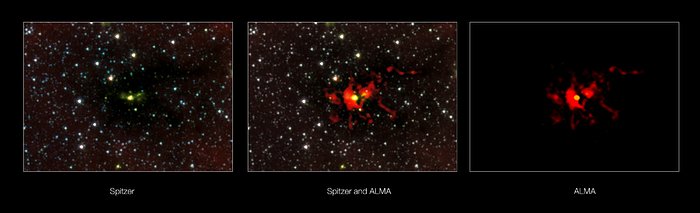 El nacimiento de una estrella gigantesca visto en diferentes longitudes de onda 