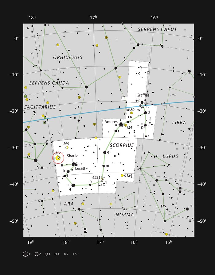 O brilhante enxame estelar Messier 7 na constelação do Escorpião