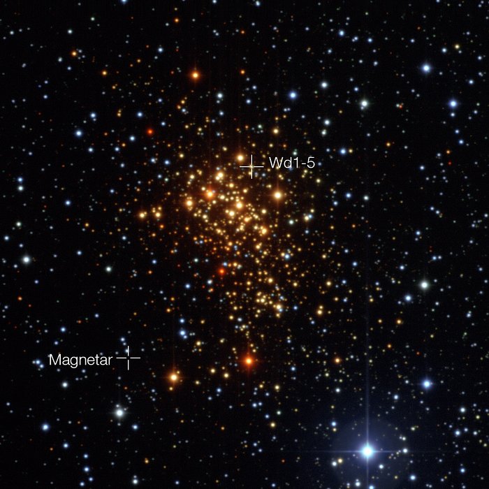 Stjärnhopen Westerlund 1 med magnetaren och dess tidigare kompanjonstjärna utmärkta