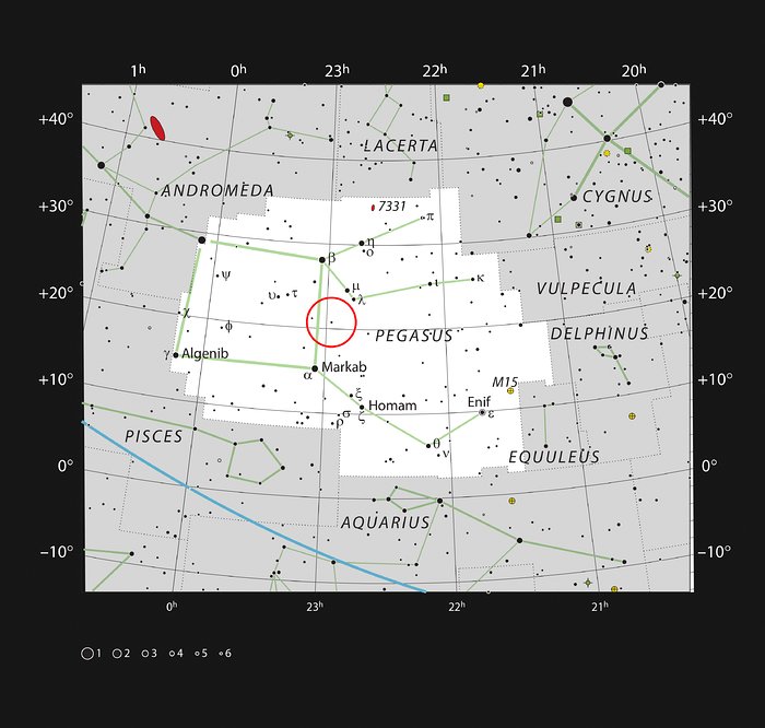 Stjärnan 51 Pegasi i stjärnbilden Pegasus