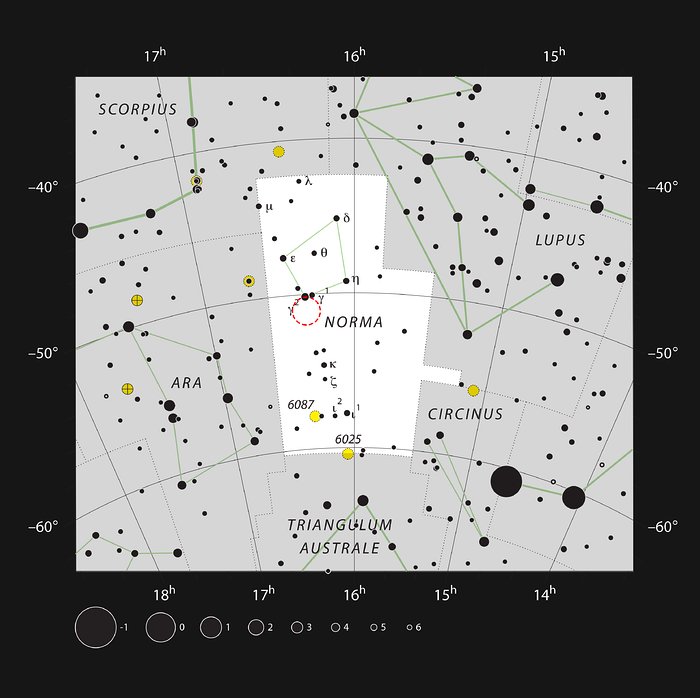 La région de formation d'étoiles RCW 106 dans la constellation de La Règle