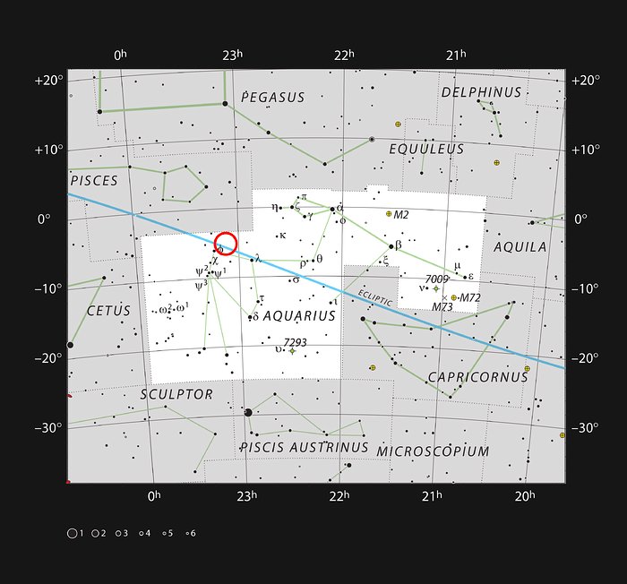 Den ultrasvala dvärgstjärnan TRAPPIST-1 i stjärnbilden Vattumannen