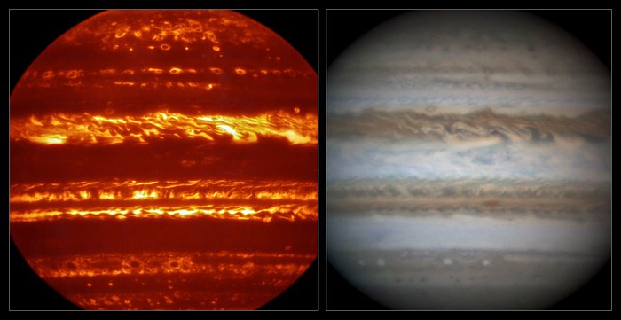 Comparação de duas imagens de Júpiter, uma no visível e outra obtida pelo VISIR