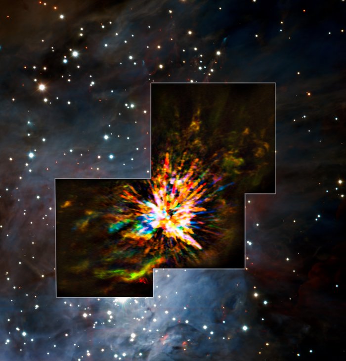 Hvězdná exploze v Orionu pohledem ALMA a VLT