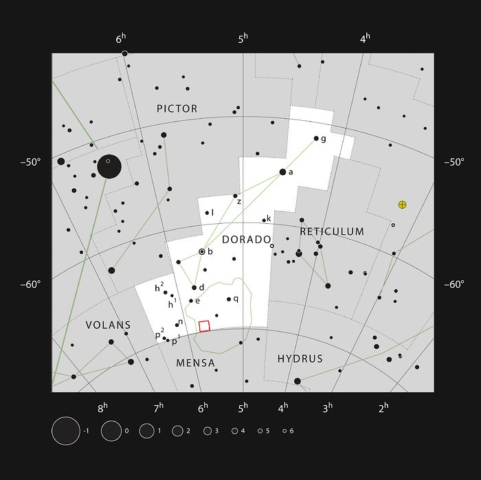 A região da Nebulosa da Tarântula na constelação do Espadarte