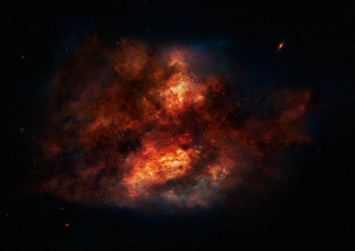 Ilustración de una polvorienta galaxia con brote de formación estelar