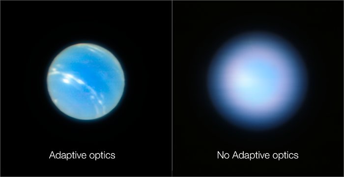 Neptunus, gefotografeerd met de VLT met en zonder adaptieve optiek