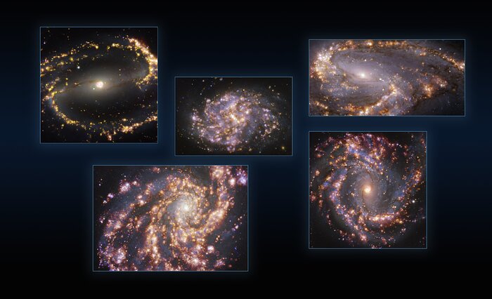 Cinco galáxias observadas a diferentes comprimentos de onda com o MUSE do VLT do ESO