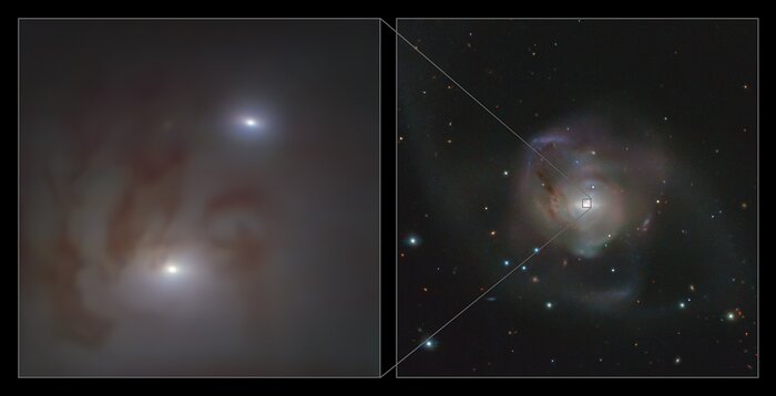 Close-up en overzichtsfoto van het meest nabije paar superzware zwarte gaten
