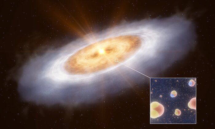 Imagem artística da água no disco de formação planetária que circunda a estrela V883 Orionis