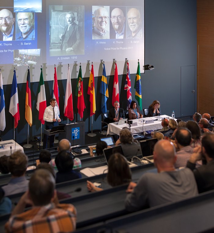 Professor Stephen Smartt speaks during ESO neutron merger press conference