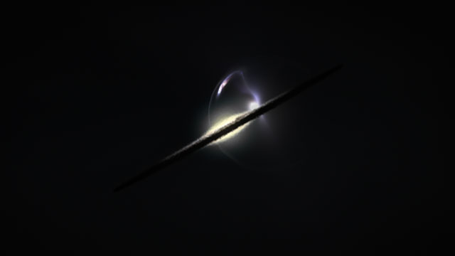 Představa vzdálené kolize galaxií zobrazené gravitační čočkou