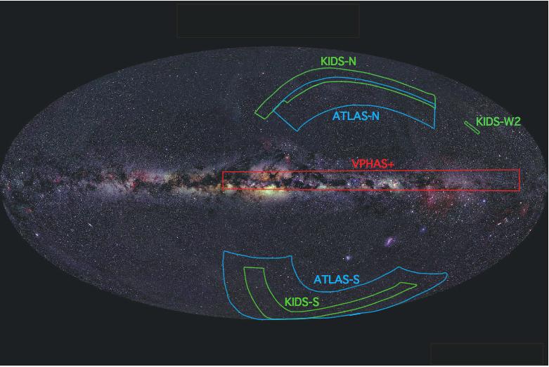 Sky coverage of VST surveys. overlayed on a 2MASS image of the whole sky 