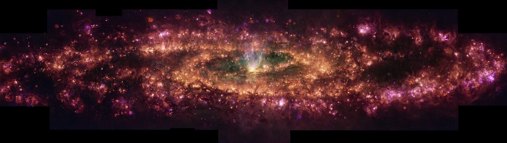 This image shows the Sculptor Galaxy in a new light. This false-colour composition shows specific wavelengths of light released by hydrogen, nitrogen, sulphur and oxygen. These elements exist in gas form all over the galaxy, but the mechanisms causing this gas to glow can vary throughout the galaxy. The pink light represents gas excited by the radiation of newborn stars, while the cone of whiter light at the centre is caused by an outflow of gas powered by the intense starburst episode taking place at the centre of the galaxy.