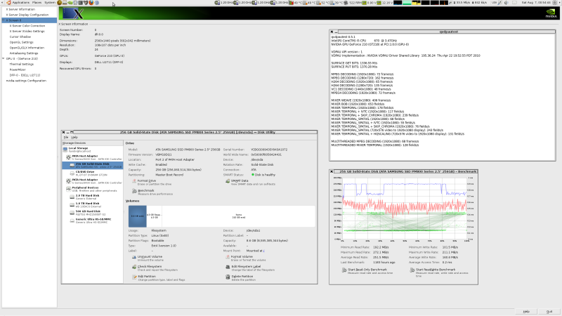 WQHD screendump w. Nvidia-settings, qvdpautest, disk utility and sensors (Click image for full size)
