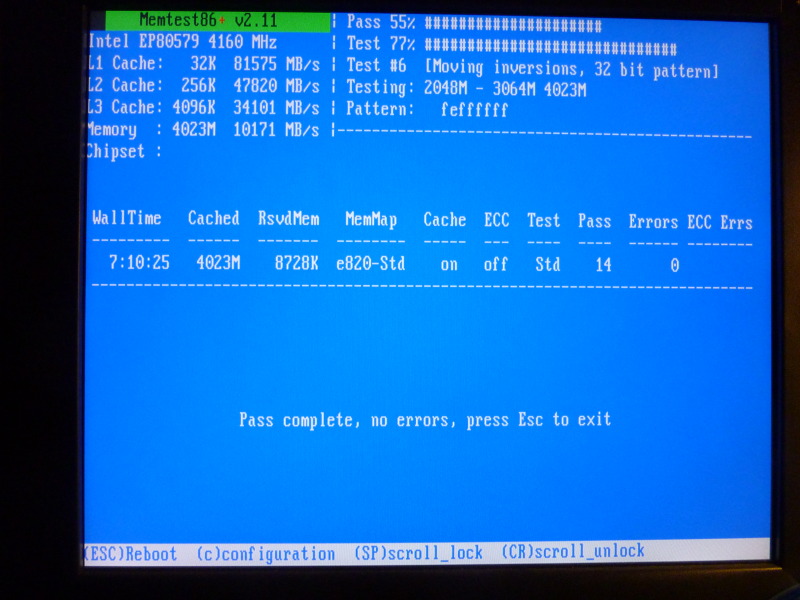 Memtest86+ screendump: CPU @ 4.16GHz (BCLK=160MHz, DRAM clock multiplier: 8), Memory Bandwidth: 10171 MB/s